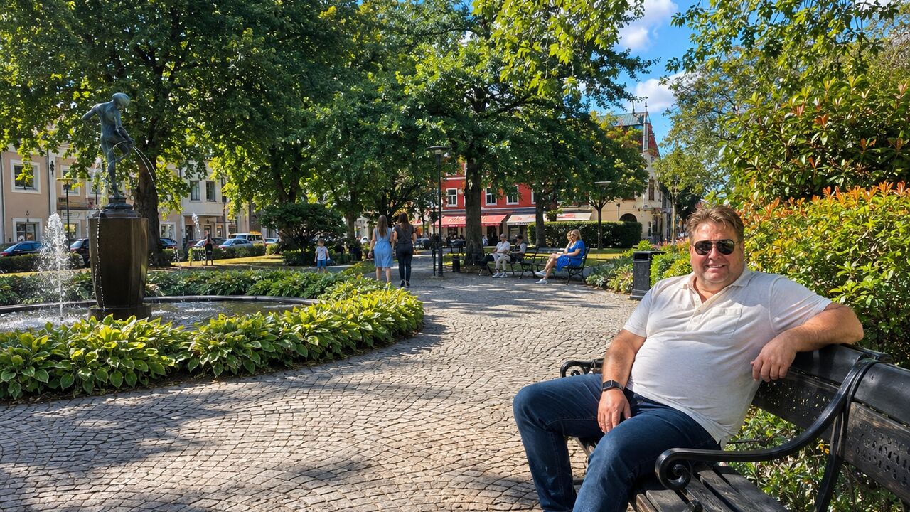 Pierre Gustafsson på en parkbänk vid fontänen på Stortorget i Ängelholm en sommardag
